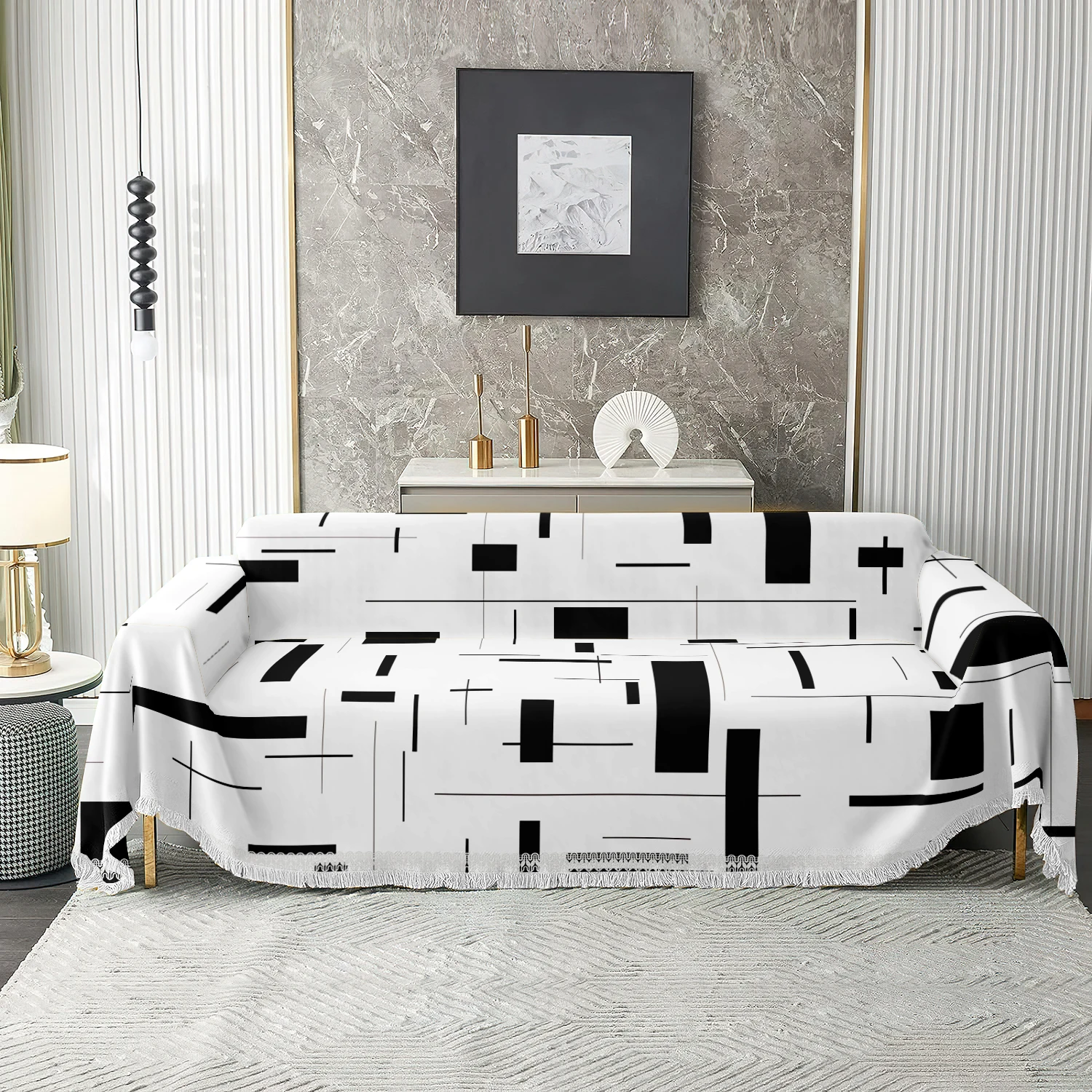 1pc Mid Century Modern Sofa Blanket, Black White Abstract Line Print Couch Throw for Home Decor, Soft Modern Washable Cover