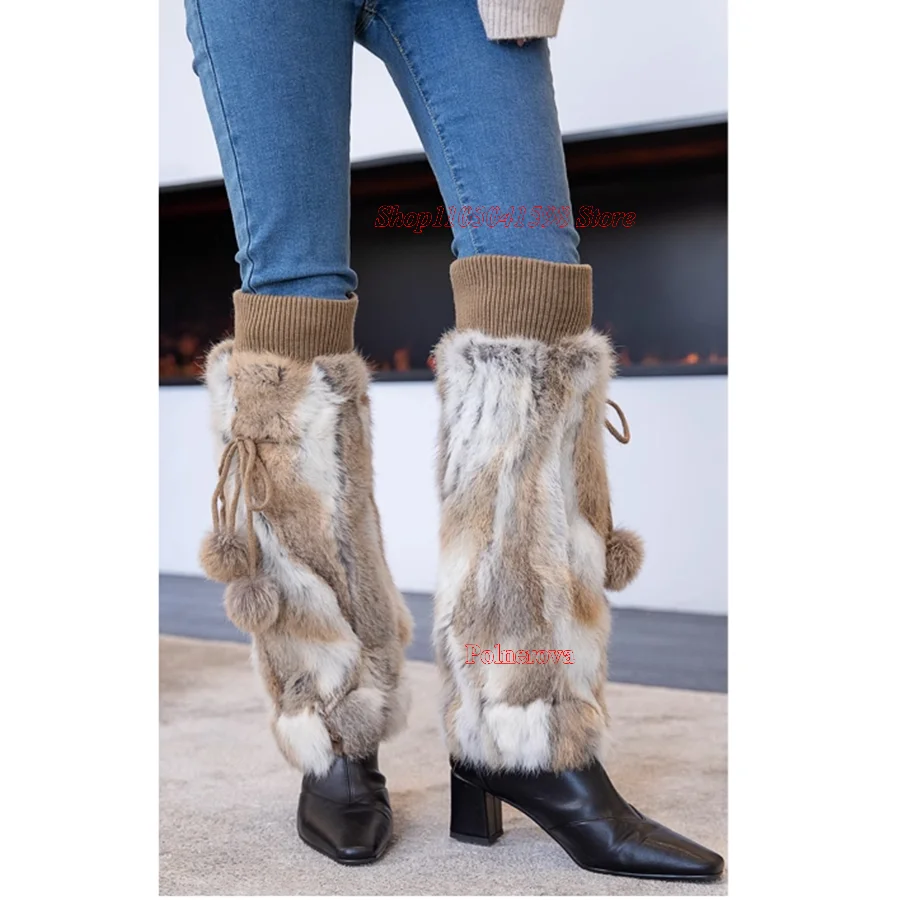 Stylish Furry Leather Patchwork Boots,Square Root Pointed Toe Knee High Boots Elastic Knitted Warm Women's Shoes 2023 Plus Size