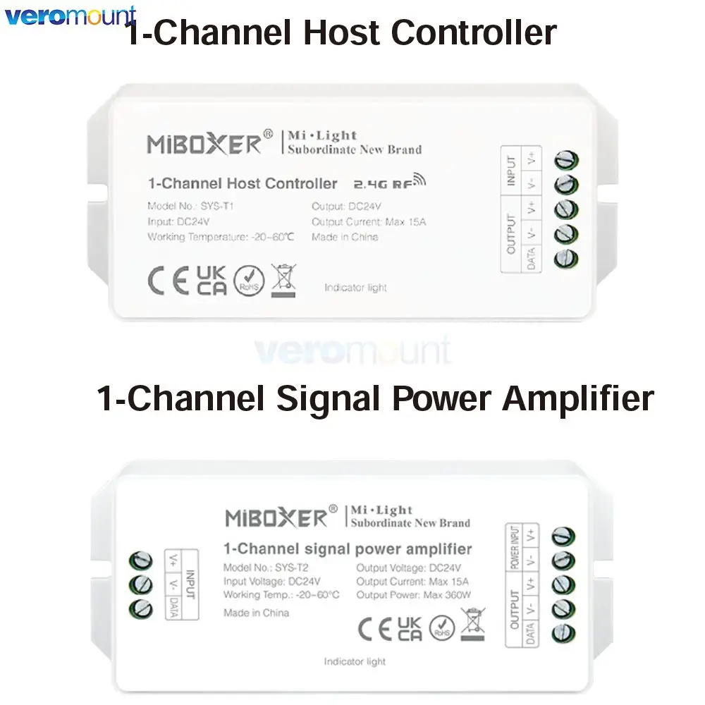 

Miboxer SYS-T1 1-Channel Host Controller SYS-T2 1-Channel Signal Power Amplifier 15A DC24V 2.4G Control for SYS Series LED Lamp