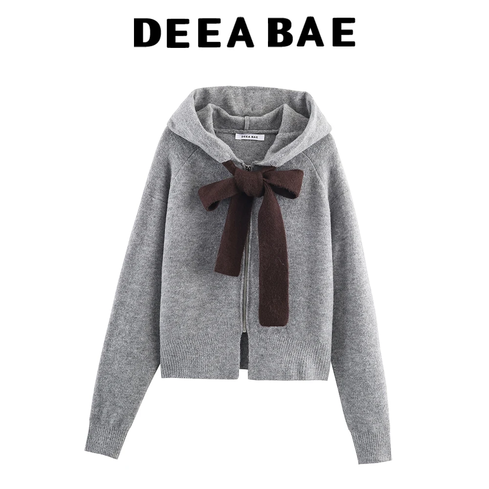 DEEABAE-cárdigan con capucha de manga larga para mujer, chaqueta informal y versátil de punto con lazo, otoño