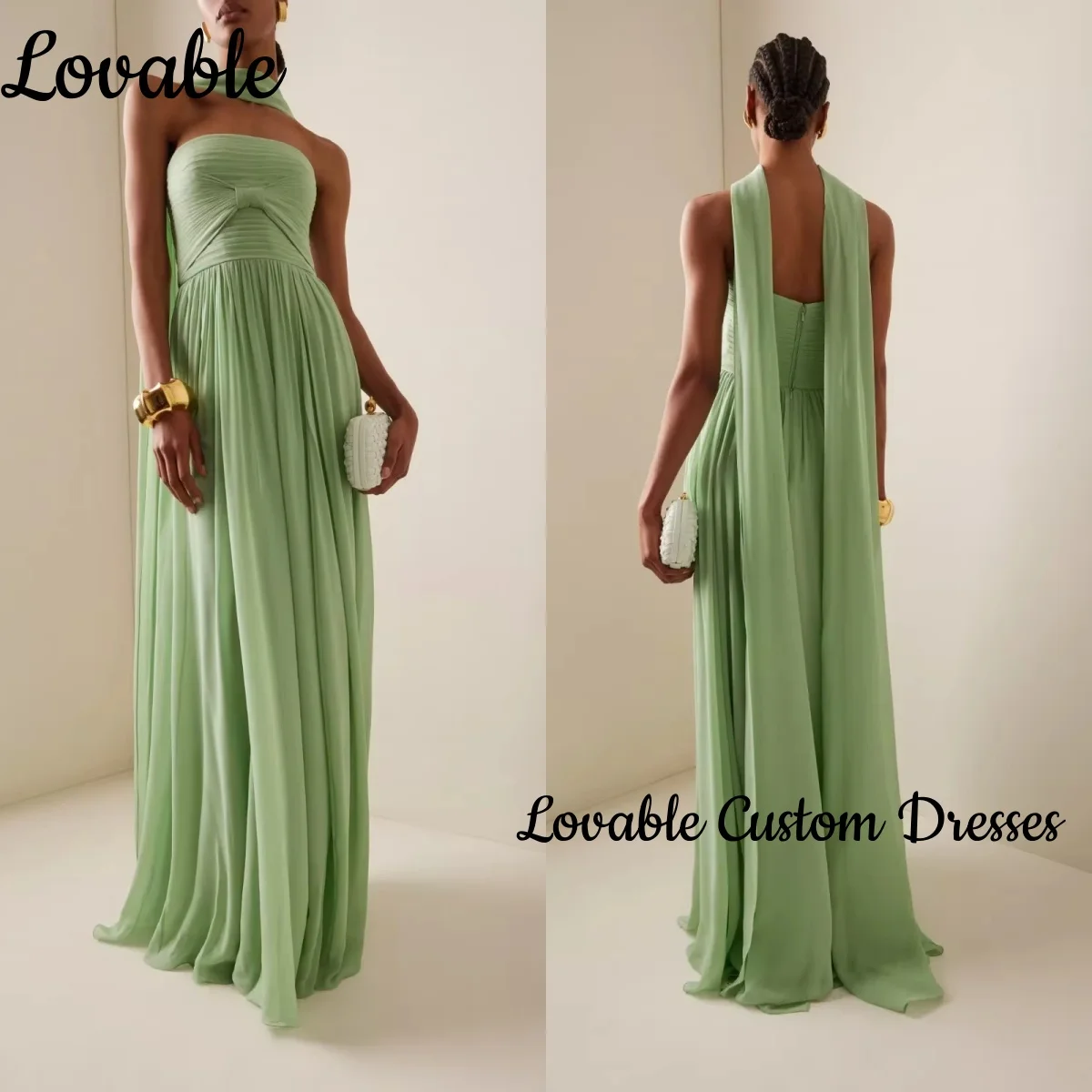 맞춤형 민소매 그린 럭셔리 드레스 이브닝 A라인 스트랩리스 우아한 여성용 드레스 플로어 길이 러플 드레스