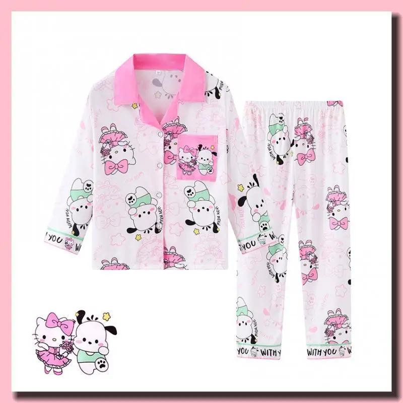 

Miniso Детский пижамный костюм с длинными рукавами и лацканами Kawaii Hello Kitty, аниме, модная весенняя одежда для девочек, новая одежда для отдыха на открытом воздухе