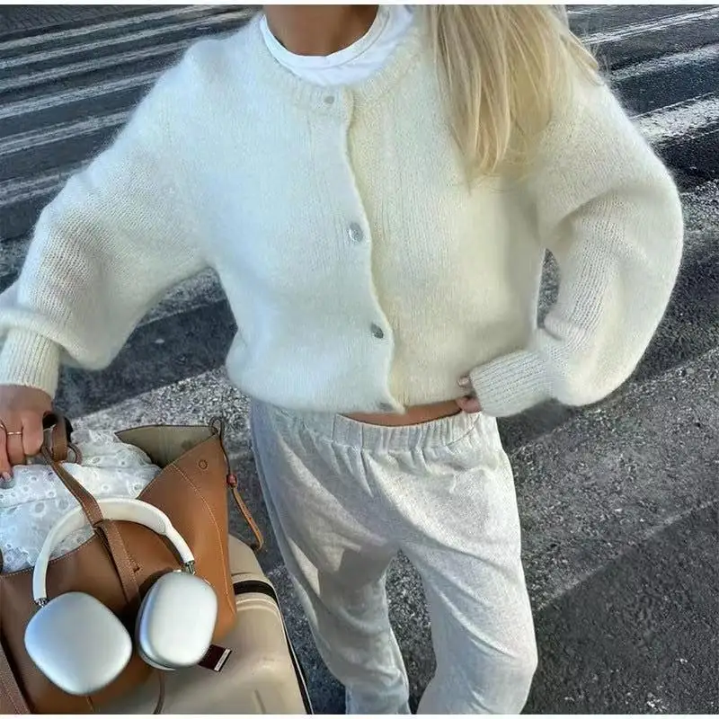Women's Button Knitted Splicing Sweater Fashionable Round-neck Long Sleeve Cardigan 2025 Chic New Daily Lady Commuting Outerwear