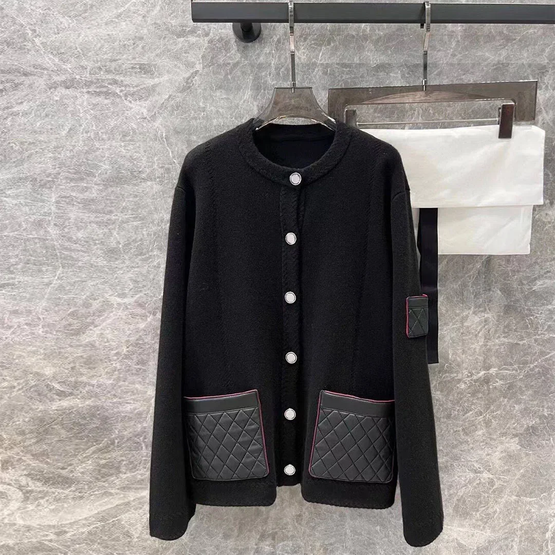 2024 New Fashion 95% Cashmere Black Loose Cardigans Women's Sweater O-neck Long Sleeve Argyle Leather Pockets Patchwork Sweaters