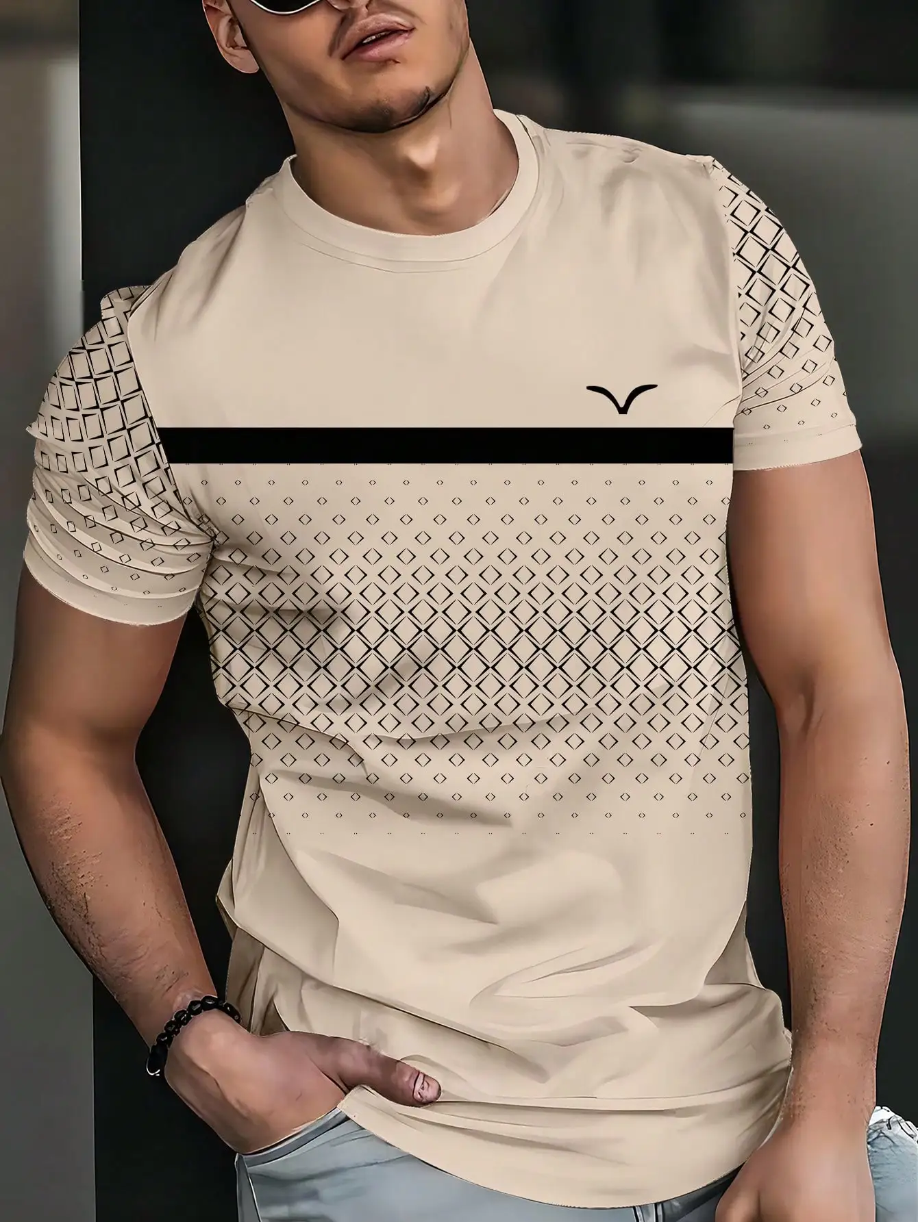 

Men's Short Sleeve T-Shirt with Geometric Diamond Pattern, Breathable Polyester Fabric for Summer Casual Wear