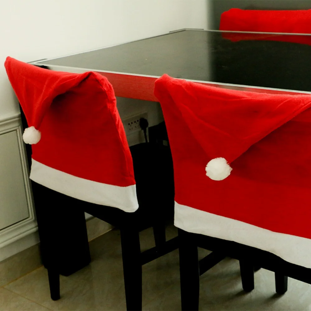 Christmas Chair Covers Non-Woven Red Hat Dining Chair Slipcovers Kitchen Chair Covers Holiday Home Hotel Decoration