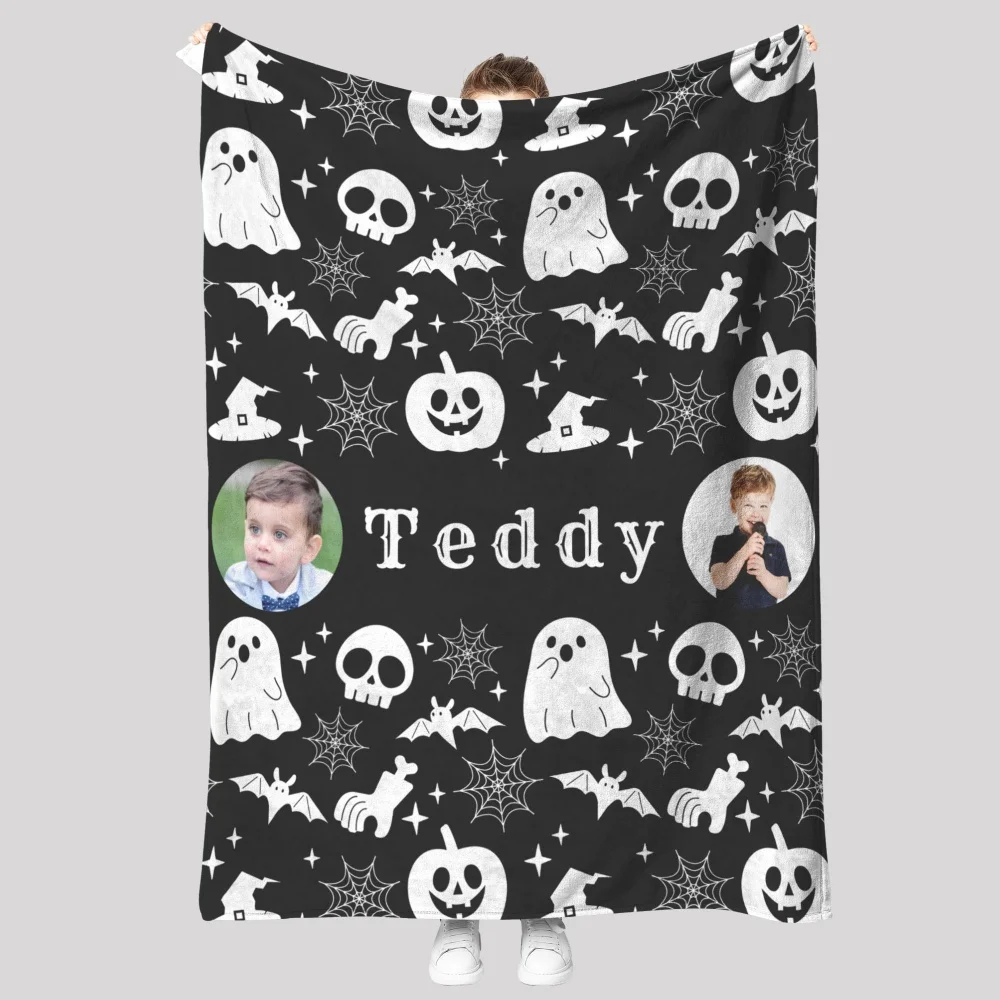 Custom Photo Name Halloween Flannel Fleece Throw Blanket Spooky Ghost Pumpkin Skeleton Pattern Lightweight Cozy Blanket
