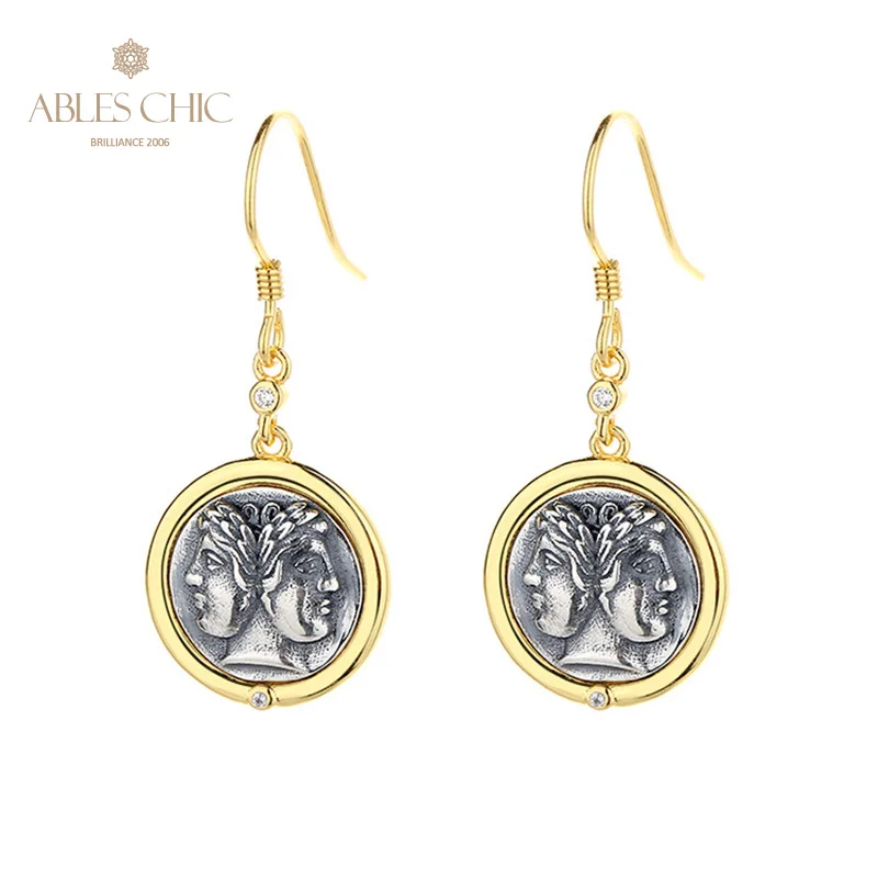 

Janus the Two-faced God Greek Coins 18K Gold Tone Solid 925 Silver CZ Accent Drop Earrings E1049