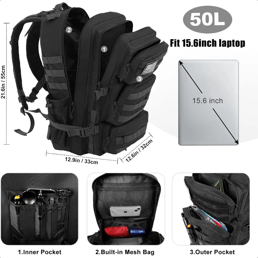 Militaire tactische rugzak 50L groot zwart voor heren