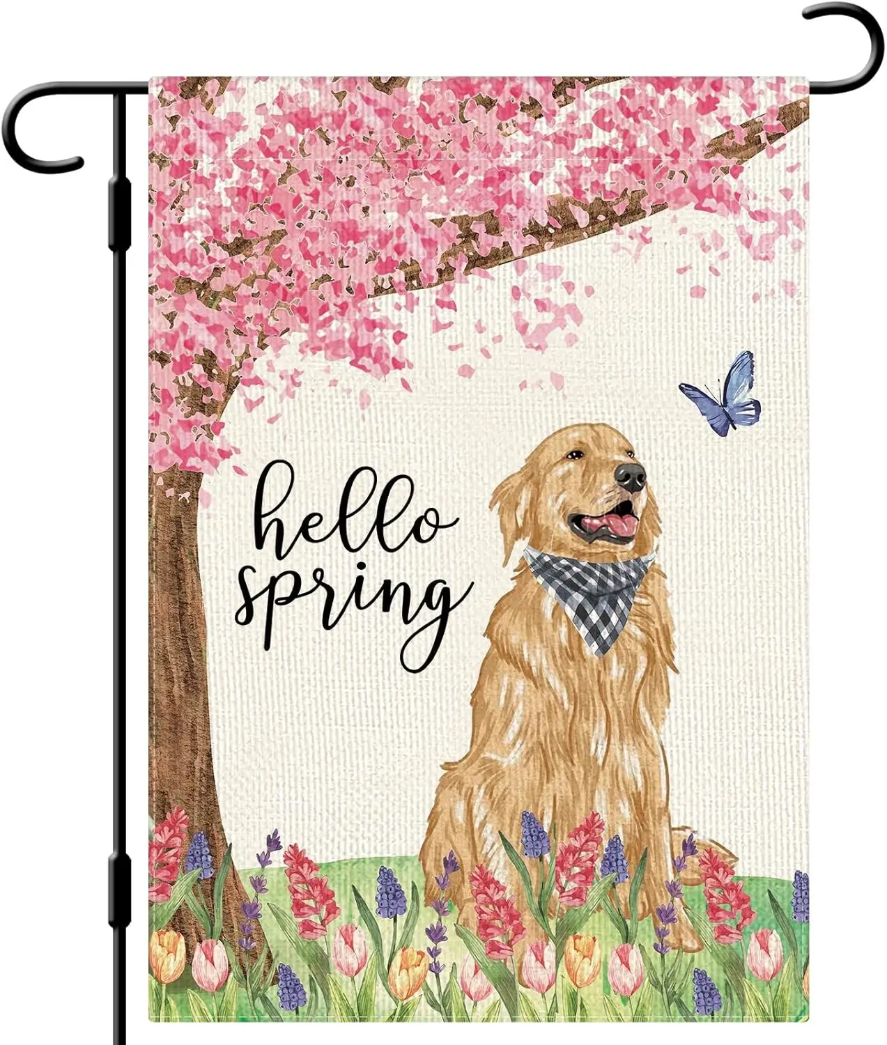 DLZDN Hello Spring Dog Garden Flag Golden Retriever Floral Flag 12×18 Inch Double Side Vertical Burlap Farmhouse Yard Flag S EEZ