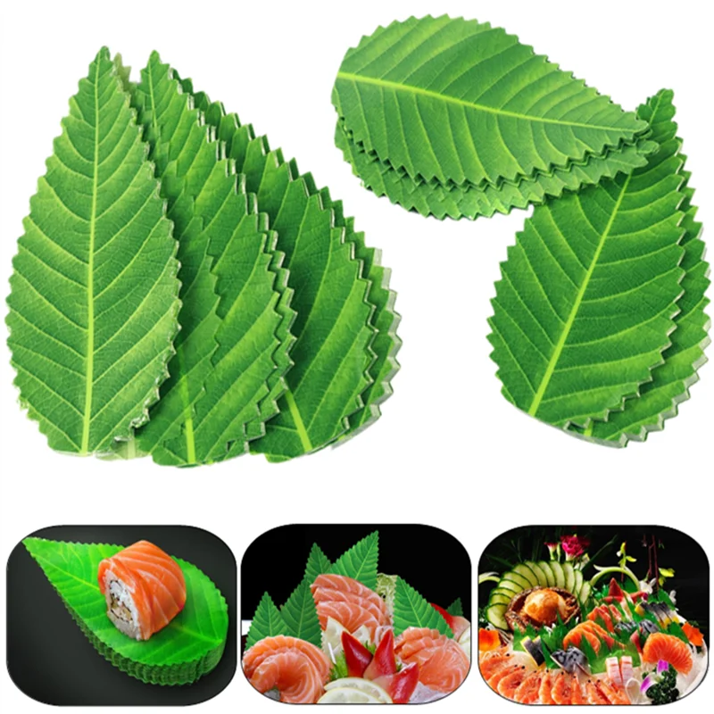 200Pcs Green Leaf Japanese Food Sushi Ornament Leaves Sushi Grass Creative Plastic Leaf Sushi Sashimi Decor Japanese Food Mat