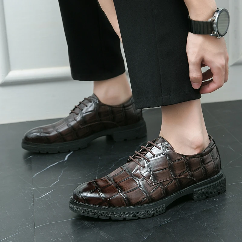 Leather Men Dress Shoes outdoor formal Office Business Wedding Dress Shoes fashion Crocodile Patterned Lace-Up men oxfords shoes