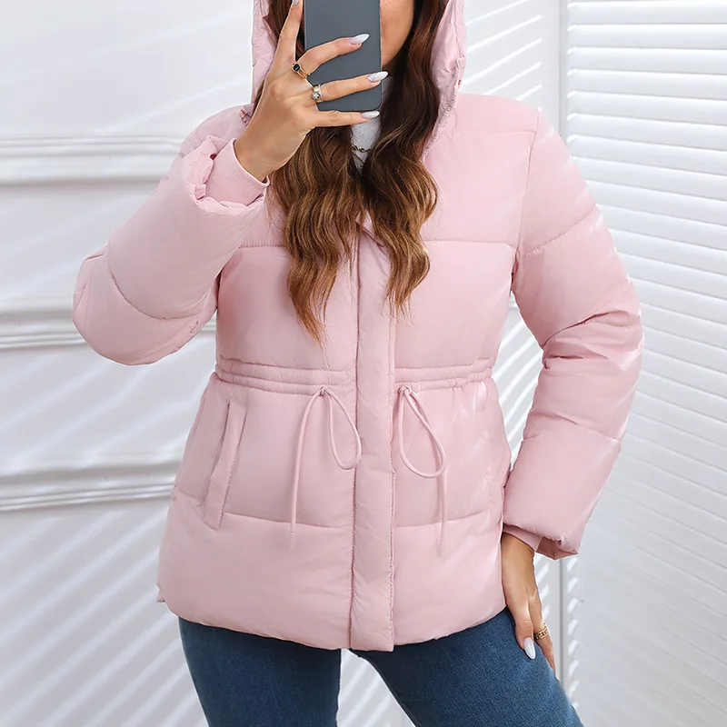 

Elegant Women Quilted Jacket with Hood 2025 Drawstring Winter Parka Warm Puffer Cotton Padded Coat Black Pocket Lady Outerwear