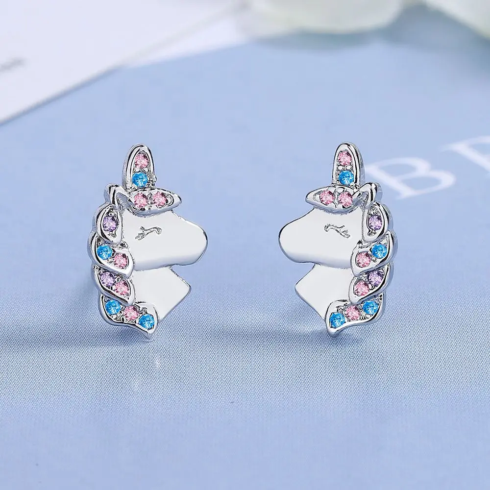 925 Sterling Silver Cute Unicorn Rainbow Stud Earrings For Women Girls Studants Friends Party Jewelry Gift Female Pendientes