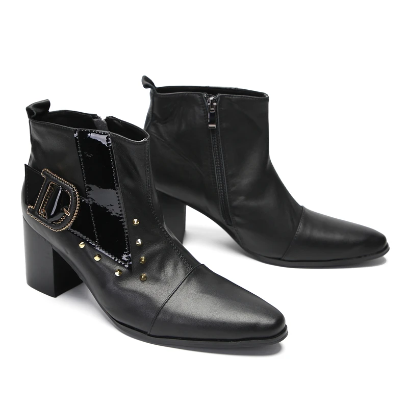 Mens High Heels Ankle Boots Black Real Cow Leather Rivet Big Buckle Cowboy Man Boots Zipper Dress Party Stage Male Shoes Size 47