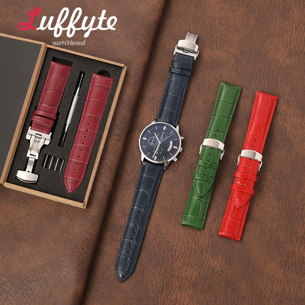 Women Embossed Watch Strap 18mm 20mm 22mm 24mm with Butterfly Buckle Gift Packing Box Durable Synthetic Leather Strap