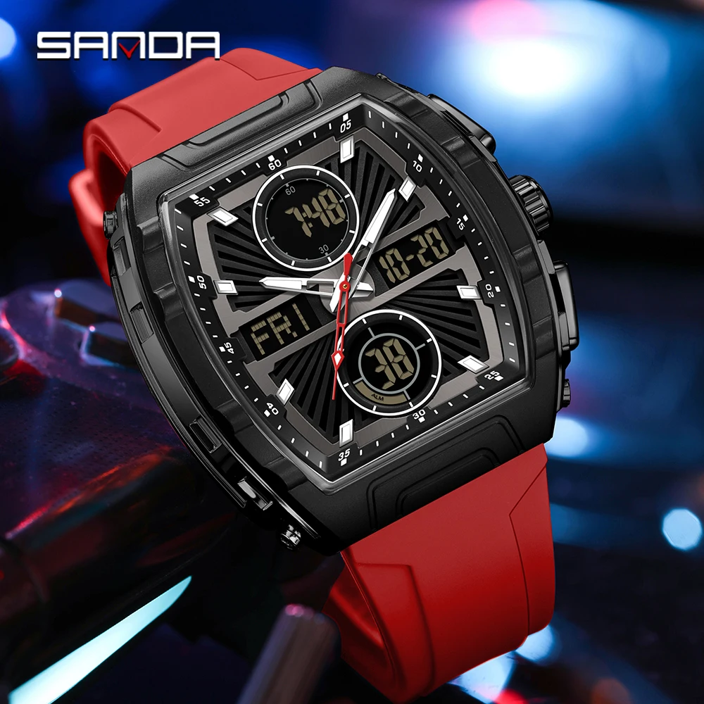 SANDA جديد 6231 ساعة رجالي إلكترونية موضة رقمية متعددة الوظائف ساعة سيليكون مقاوم للماء تاريخ أسبوعي ساعة رجالي