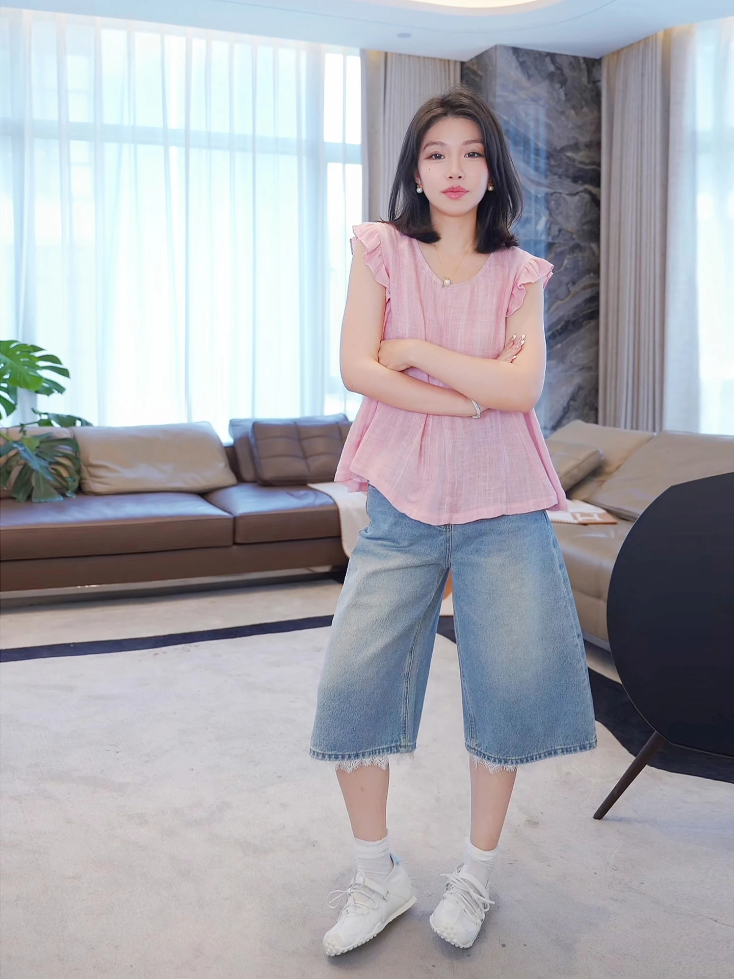 

Джинсы с высокой талией и широкими штанинами, синие, с кружевными вставками, универсальные, в стиле ретро, повседневные, прямого кроя, хлопковые, женские, летние ME【Seven-Quarter La...】