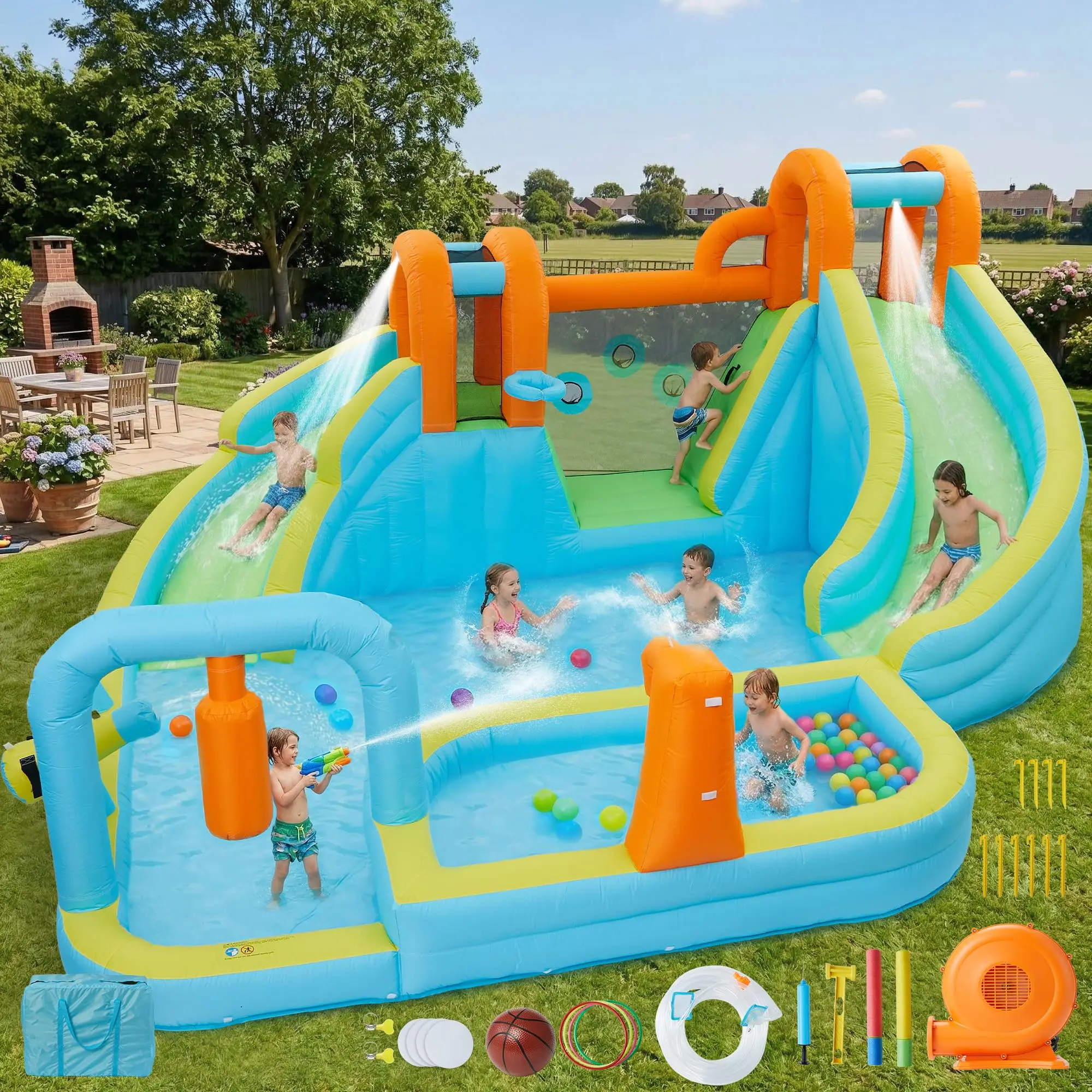 

Надувной батут 15.9x14 футов, 10-в-1, с водной горкой для сухого и мокрого использования, с воздуходувкой 550 Вт, детский батут-замок с бассейном для заднего двора
