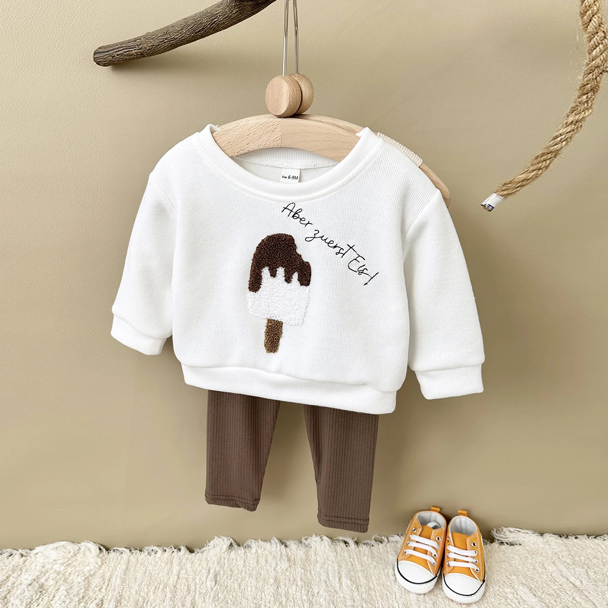 

2024 Spring Autumn Newborn Baby Sets Boys Wear Embroidery Cartoon Popsicle Pullover Long Sleeve Top+Bottom Children Clothing Set