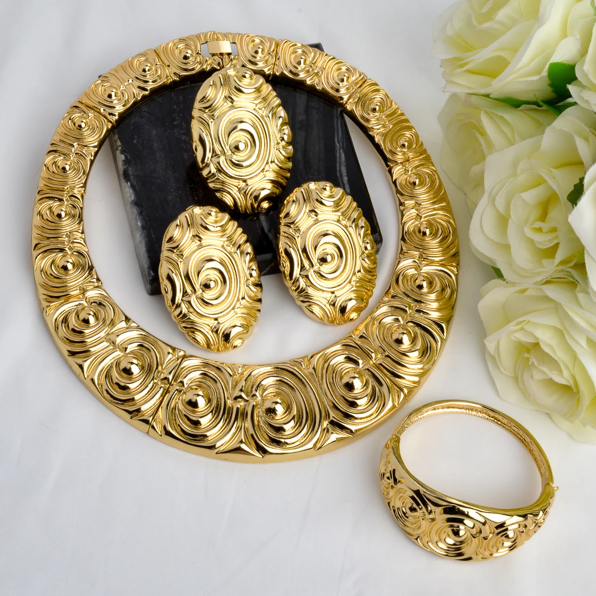 Sunny Jewelry Sets for Women Luxury Gold Color Swirl Necklace Earrings Bracelet Ring Elegant African Choker Bride Wedding Gift