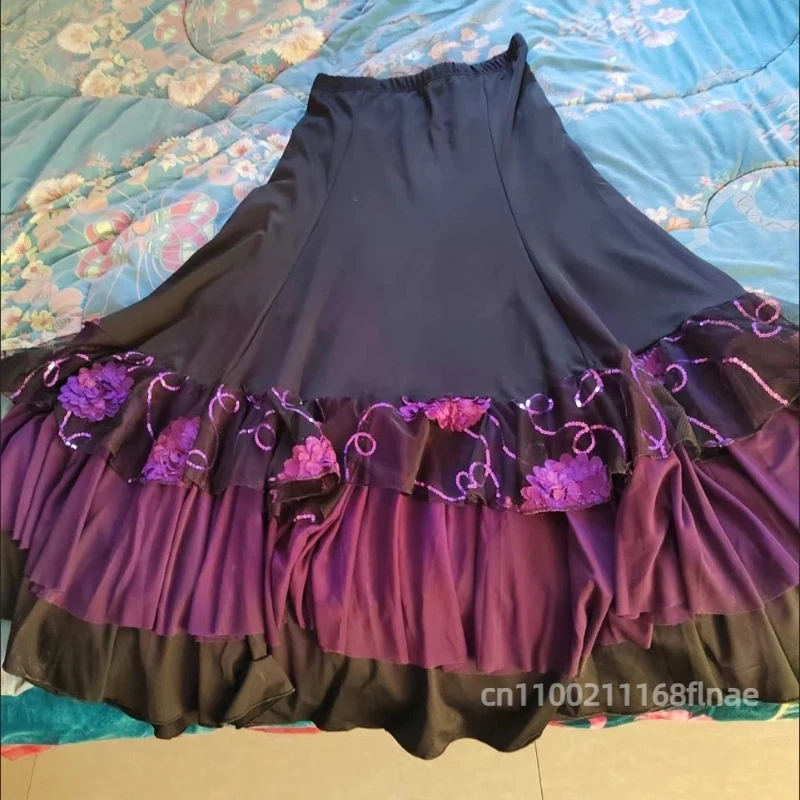 Falda de Flamenco para mujer, vestido de práctica de danza moderna, falda con borde con volantes bordado de flores de Tango para danza moderna para adultos