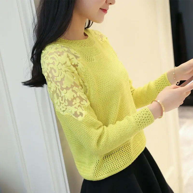 Spring and Autumn Women\'s Pullover Round Neck Hollow Knitted Lace Mesh Beaded Sweater Loose Bottom Fashion Long Sleeve Tops