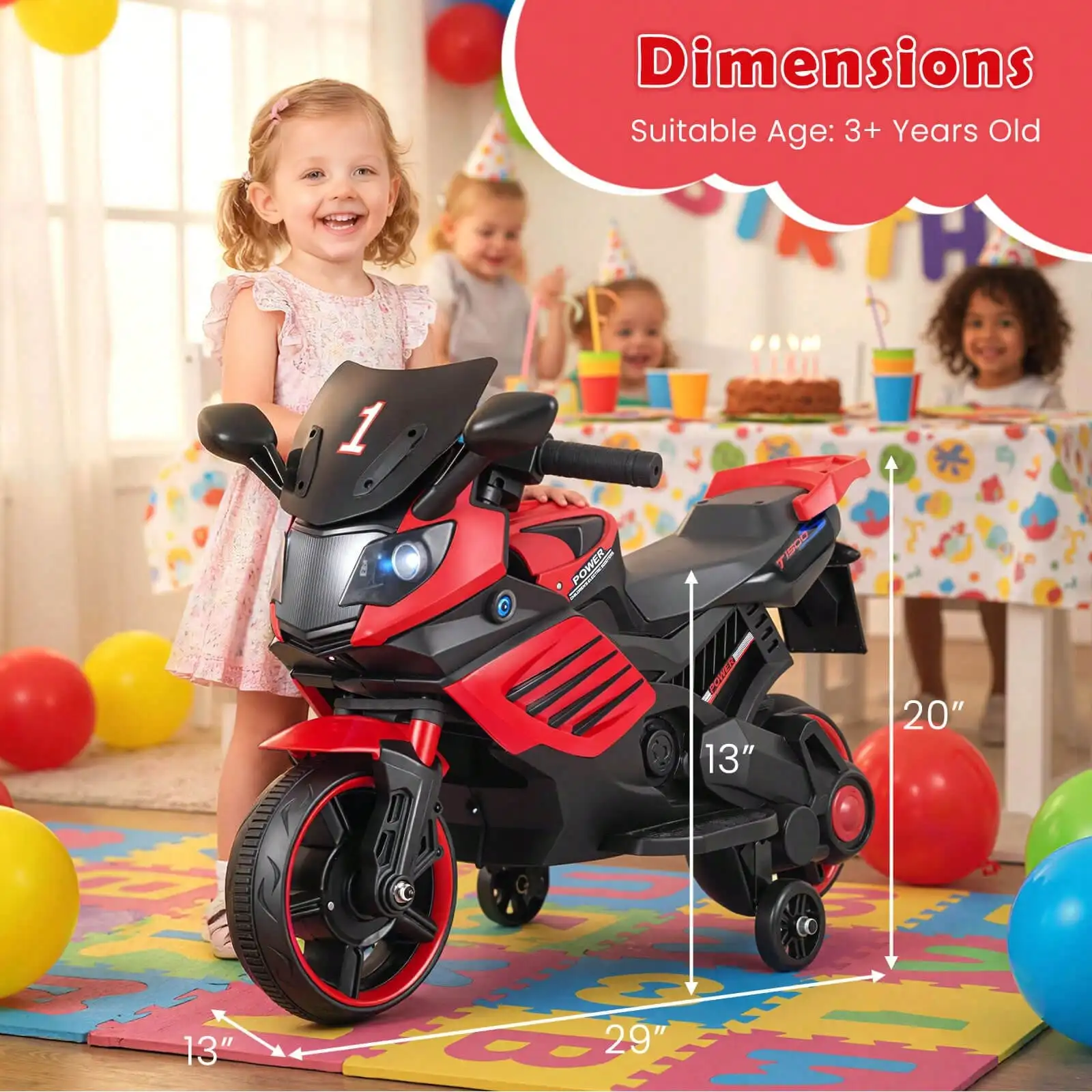 6V Kids Ride‑On Motorcycle Toy, Electric Motorbike With Music, Horn, Detachable Training Wheels & LED Headlights, Battery Powered Toddler Bike, Pink/Red/Navy/White, Perfect Birthday Holiday Gift for Little Boys Girls