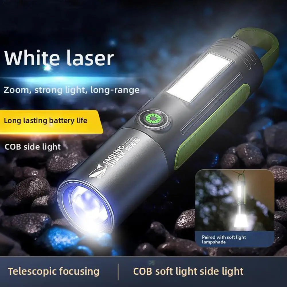 

Smiling Shark LED Flashlight COB Side Light Outdoor Lighting Super Bright Flashlight With Hook Camping Light Rechargeable Zoom