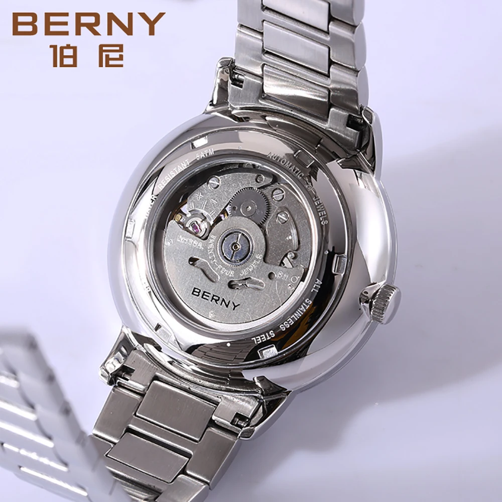 BERNY Men Mechanical Wristwatch Skeleton Luxury Sapphire BERNY NH38 Movt Dress Clock Exhibition Back Cover Automatic Watch for