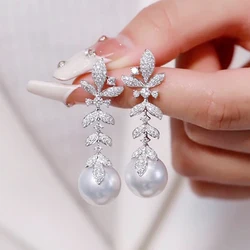 MeiBaPJ 9-10mm Natural Round Pearls Fashion Long Drop Earrings 925 Silver Empty Tray Fine Wedding Jewelry for Women