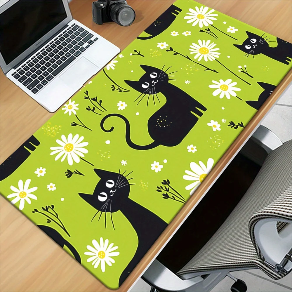 قطعة واحدة من لوحة ماوس XXL، مادة مطاطية غير قابلة للانزلاق، قطة كرتونية سوداء، زهرة خضراء، مطبوعة عالية الدقة، متعددة الوظائف، مع لوحة مفاتيح Gami