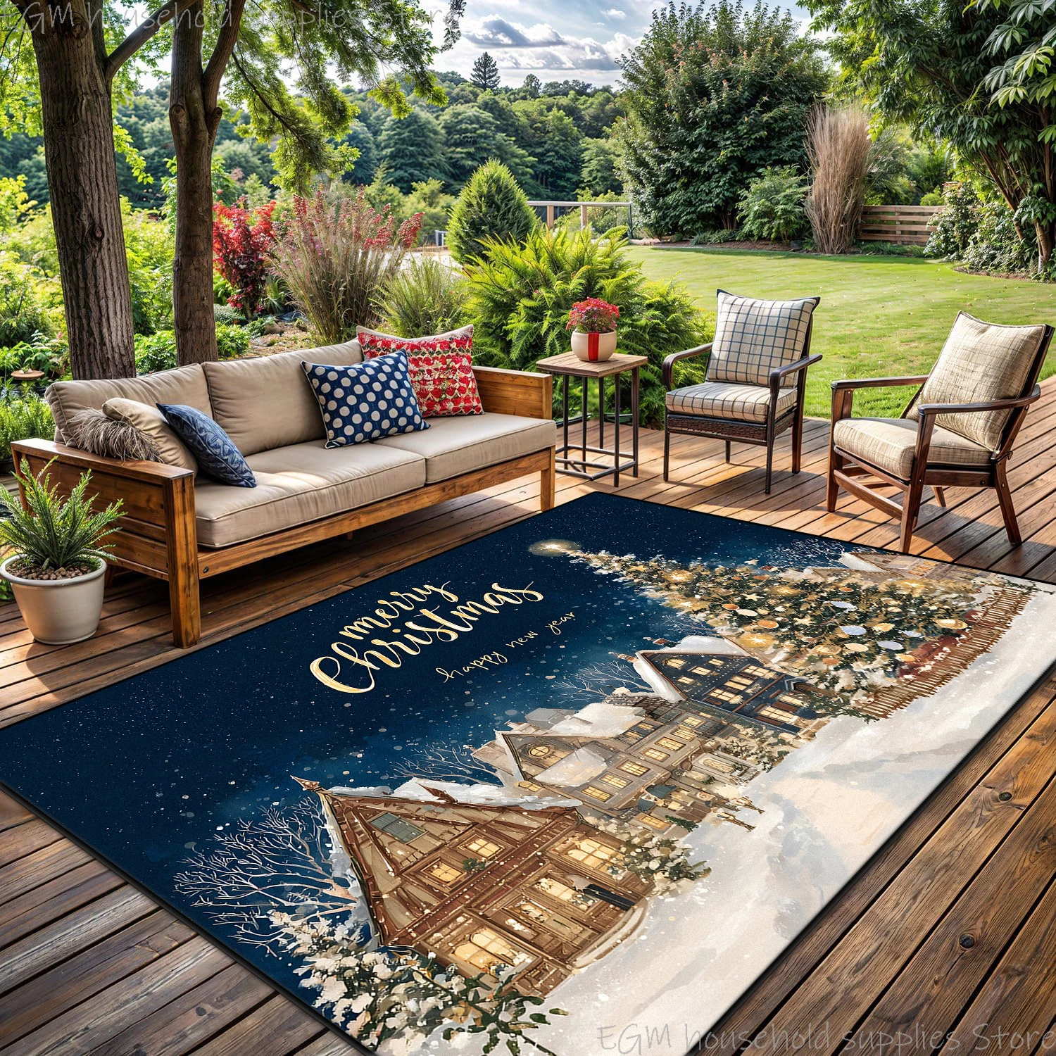Red Navy Snow Winter Village Christmas Carpet House Decor Living Room Bedroom Large Rug Tree Print Non-slip Washable Floor Mat