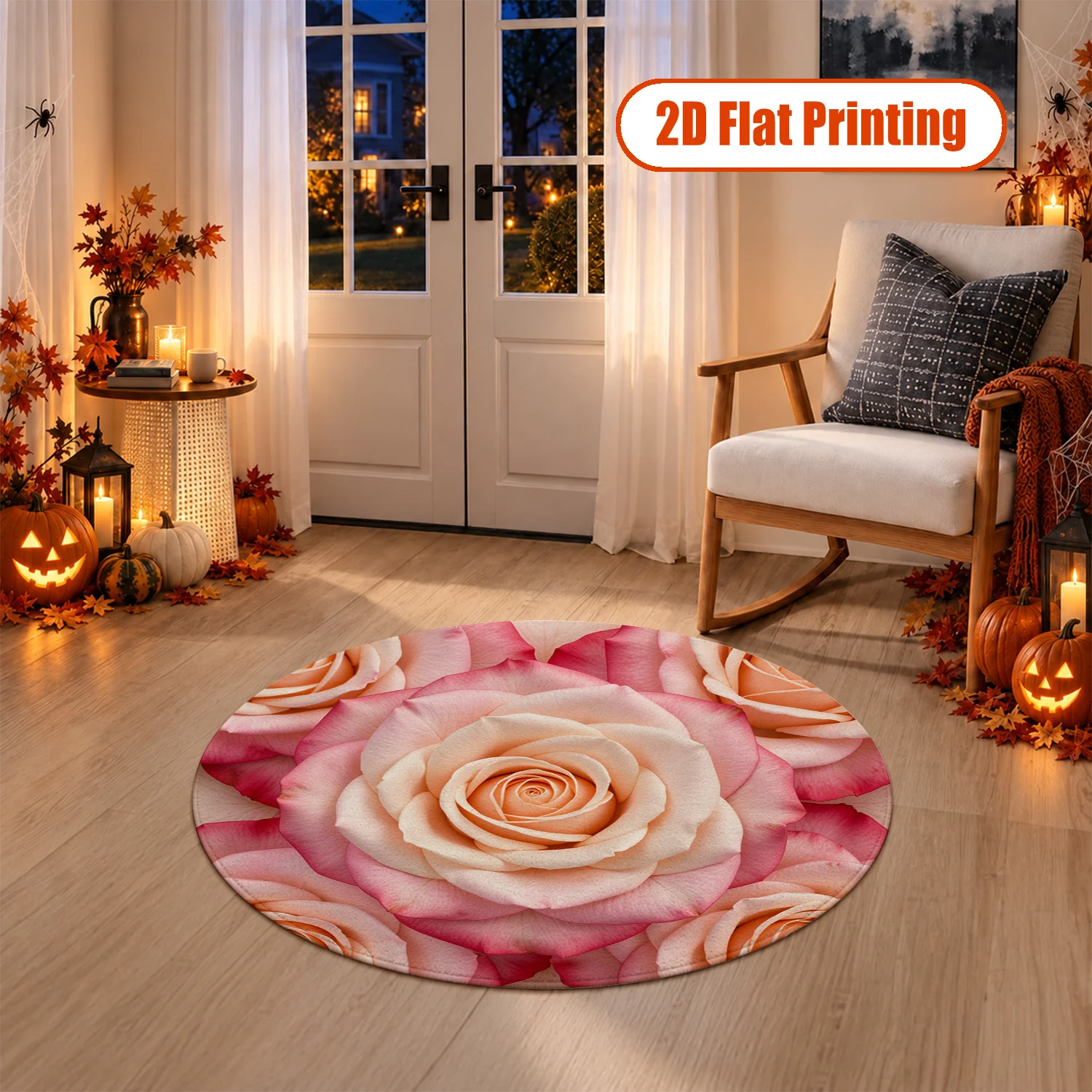 Pink Peach Rose Floral Pattern Round Velvet Area Rug, Machine Washable, Suitable for Living Room, Bedroom, Dining Room, Ideal for Halloween, Thanksgiving, Christmas, New Year Home Decor