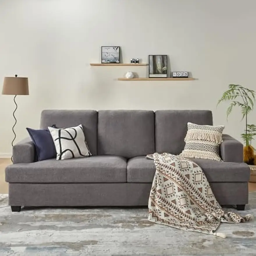 97 Inch Oversized Couch with Grey Bouclé, 3 Seater Sofa with Square Armrest, Modern Couch for Living Room, Apartment