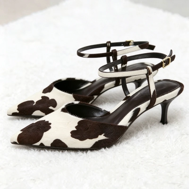 Unique Cow Pattern Pumps Women Sexy Pointed Toe Ankle Strap Buckle Kitten Heel Designer Shoes Cozy Elegant Banquet Dress Shoes