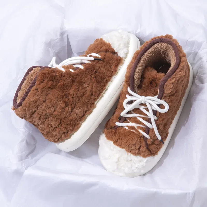 

Full Wrap Fuzzy Cotton Slippers Woman Lace Up Slip on Ankle Boots Ladies High Top Shoes Lazy Female Outdoor Warm Plush Slippers