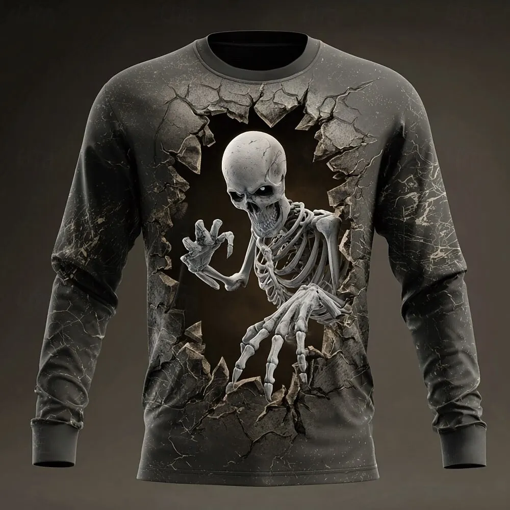 

3D Print Horror Skeleton Graphic Long Sleeve T-Shirt Men's Vintage Creative Design O-Neck Pullover Loose Casual Quick Drying Top