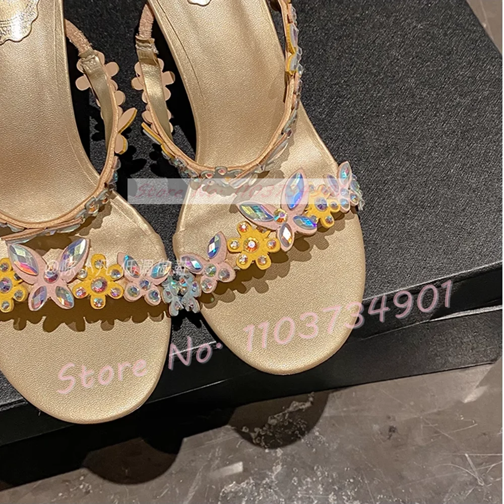 Colorful Crystal Flowers Silver Sole Mules Women Elegant Gold High Heels Nifty Slippers Female Party Floral-applique 2024 Shoes