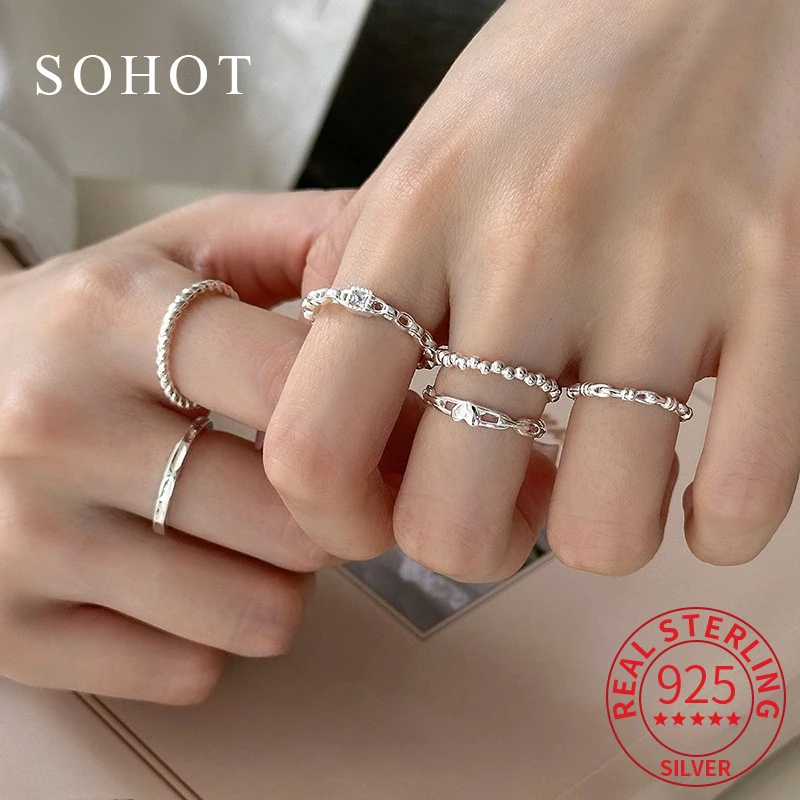 

Real 925 Sterling Silver Zircon Bead Heart Chain Ring for Charming Women Trendy Opening Fine Jewelry Minimalist Accessories