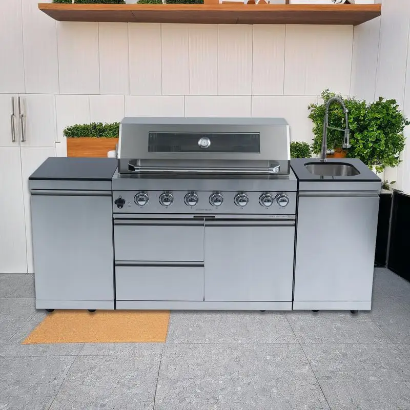 43インチ 6バーナー 85000BTU デラックス ステンレス製 ガスBBQグリル 屋外キッチンアイランド ロティサリー付き、花崗岩カウンタートップ