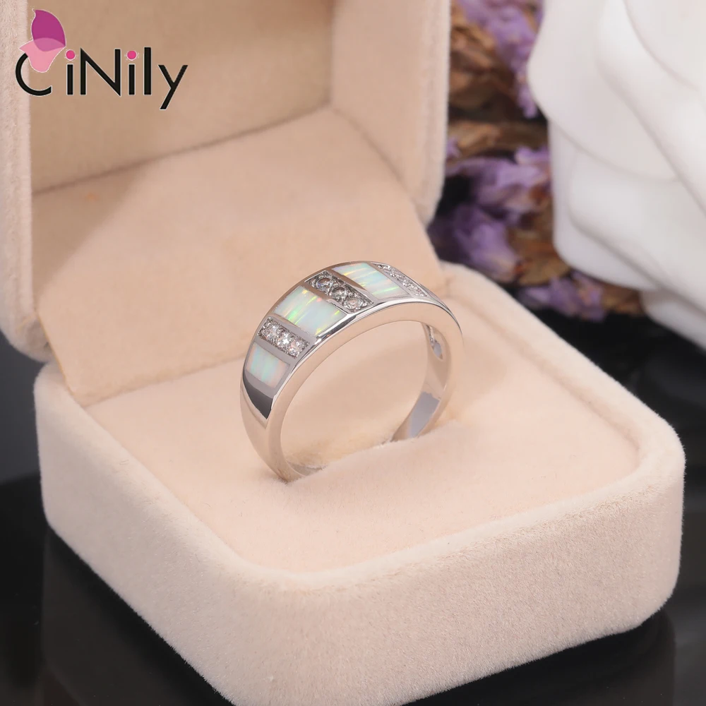 CiNily Created White Fire Opal Rings With Cubic Zirconia Silver Plated Fashion Jewelry Ring For Women Wedding Party Size 6 -11