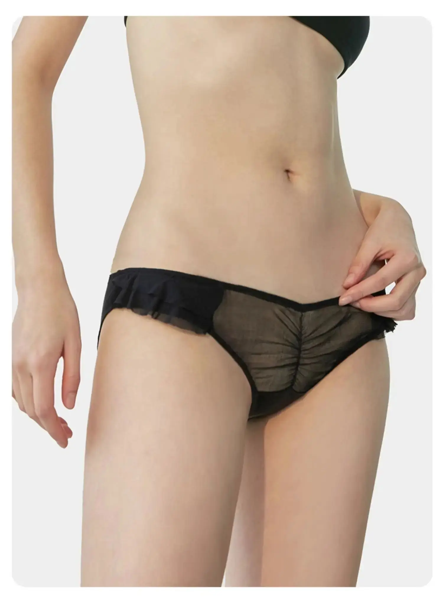 BirdTree, Pure Natural Silk Everyday Knit Briefs, Women Ruffles Low Waist, Sexy Mesh Underwear, 2024 Spring Summer P440119QM