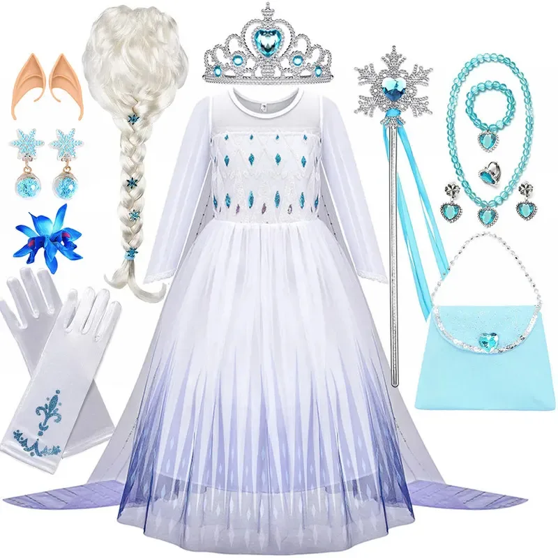 Crianças cosplay elsa congelado branco princesa longa malha bonito vestido para menina natal carnaval roupas conjunto vestido de baile 2-10y