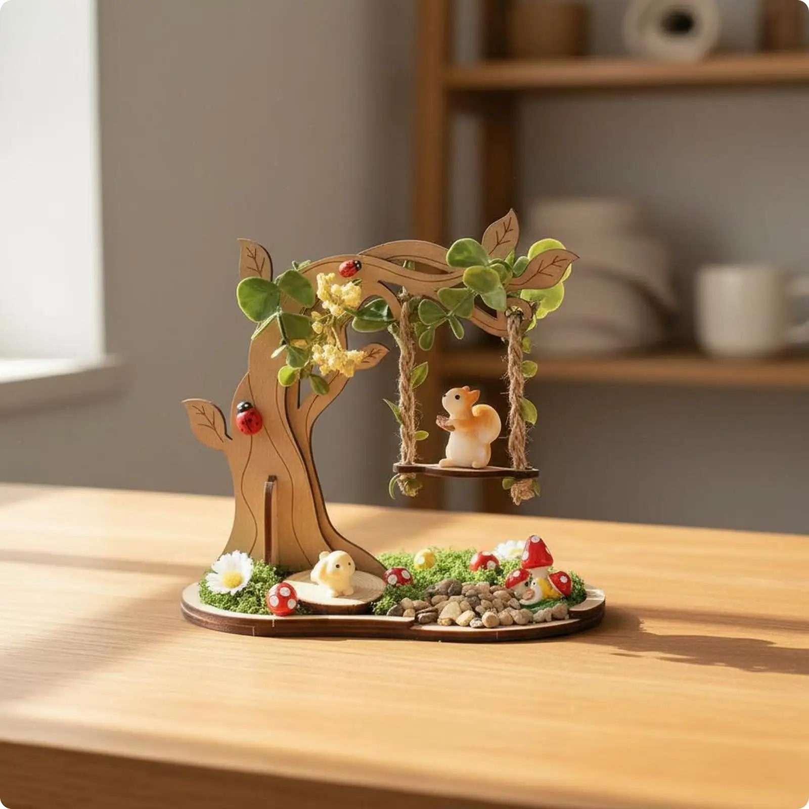 Garden Swing Wood Ornament Miniature Arbor Seat with Lichen Pebbles and Small Animals for Creative Tabletop Decor