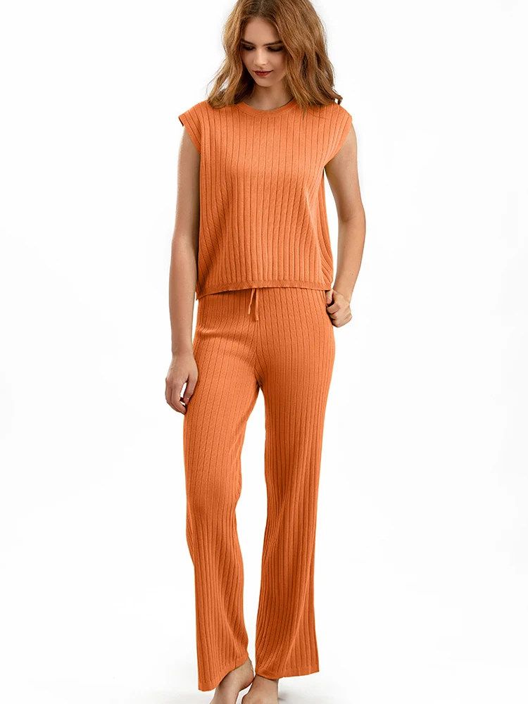 

Fashion Knit Pants Sets Slim Pullover Sleeveless Solid Tops with Casual Wide-leg Pants Summer Knit Two-piece Suit Women Outifits