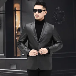 Genuine Leather Blazer Jacket Men Fashion Single-breasted Turn-down Collar Business Men Black Slim Real Sheepskin Blazer Coats