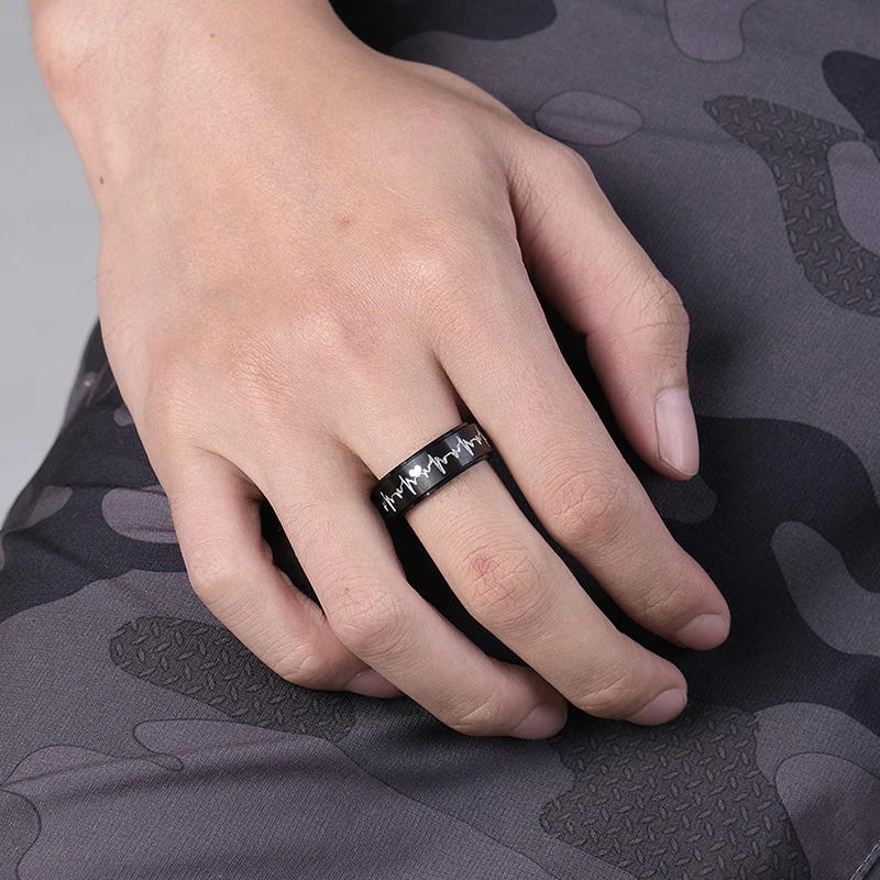 

Black Stainless Steel Electrocardiogram Heartbeat Ring Trendy Rock Fashion Charm Jewelry for Men And Women