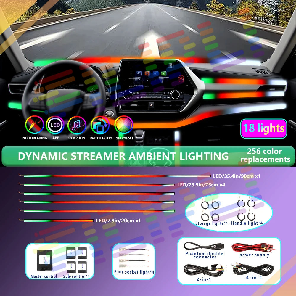 Luzes do ambiente do carro com controle de música, Lâmpadas LED coloridas, Faixa Auto Interior, Acrílico Neon Acessórios, 64 RGB, 2 em 1, 6 em, 18 em 1, App