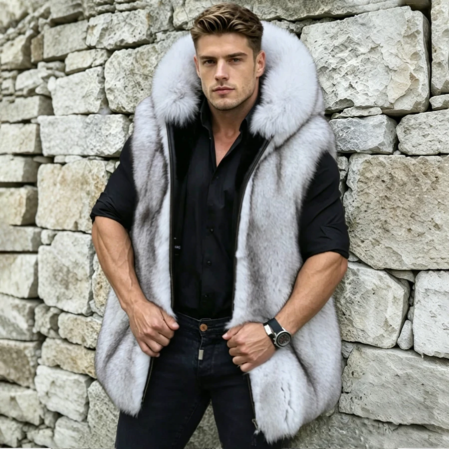 

Men's Fox Fur Vest With Hood White Real Fox Fur Zippered Jacket Natural Fur Full Skin Waistcoat Best Selling Furry Jacket